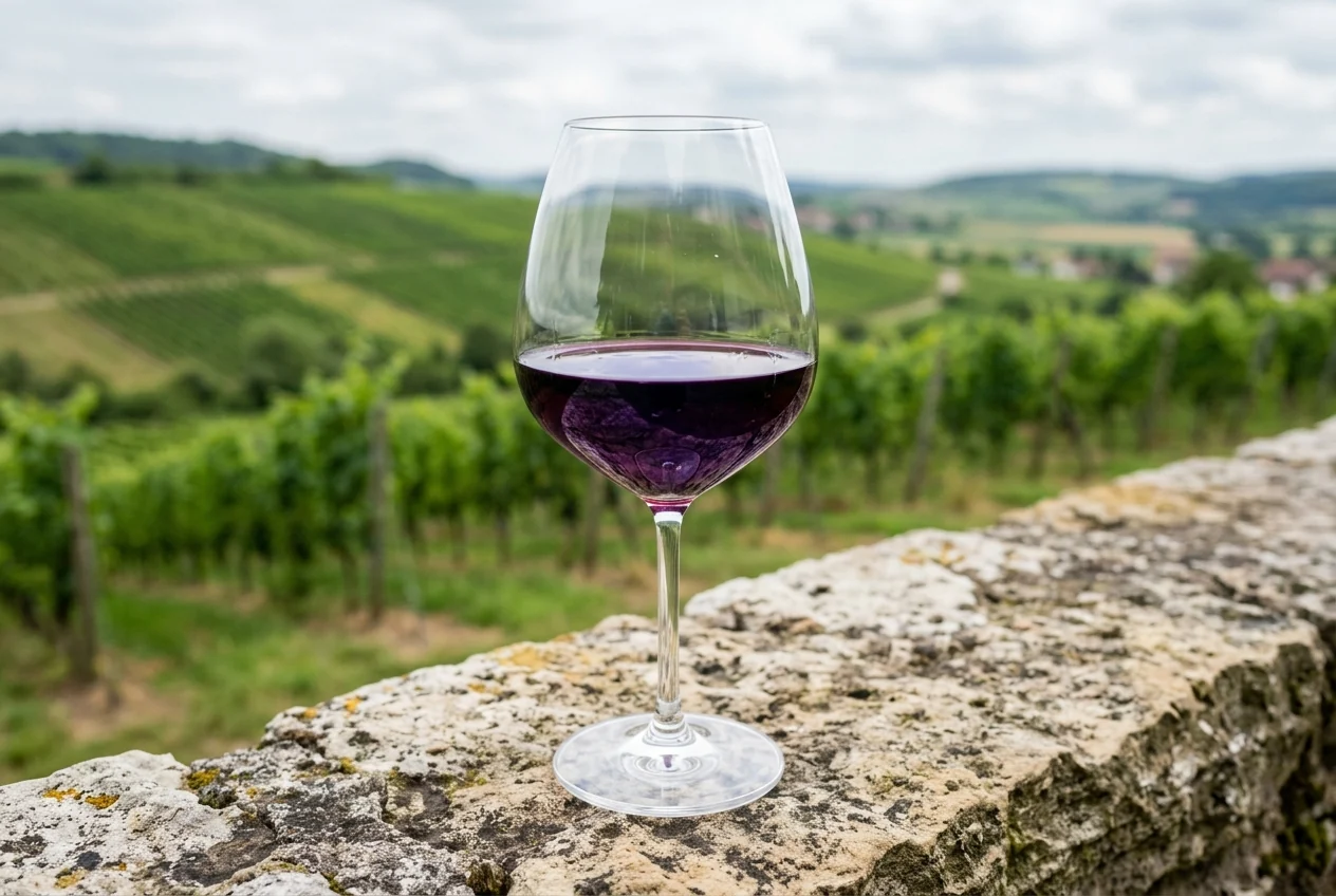 Lemberger Rotwein im Glas vor württembergischen Weinbergen