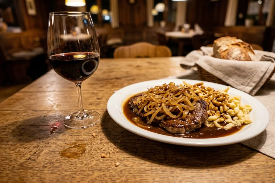 Schwäbischer Zwiebelrostbraten und ein Glas Lemberger Rotwein