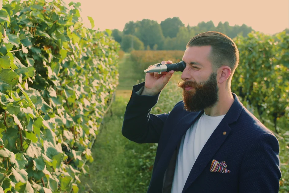 Winzer mit Refraktometer im Weinberg
