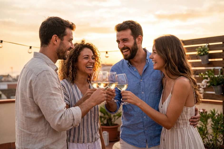 Vier Freunde gemischten Geschlechts stoßen bei Sonnenuntergang auf einer Terrasse mit Gläsern Weißwein an