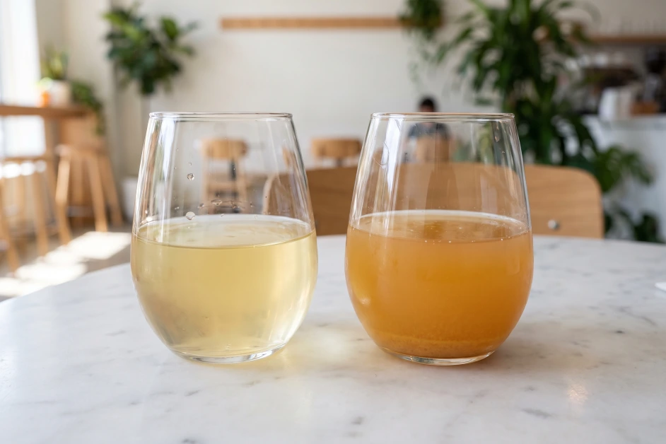 Zwei Gläser Weißwein im Vergleich: links klarer filtrierter Wein, rechts naturtrüber Naturwein