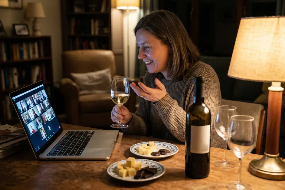 Winzerin lacht bei einer Online-Weinprobe in ihre Laptop-Kamera, Weißwein im Glas