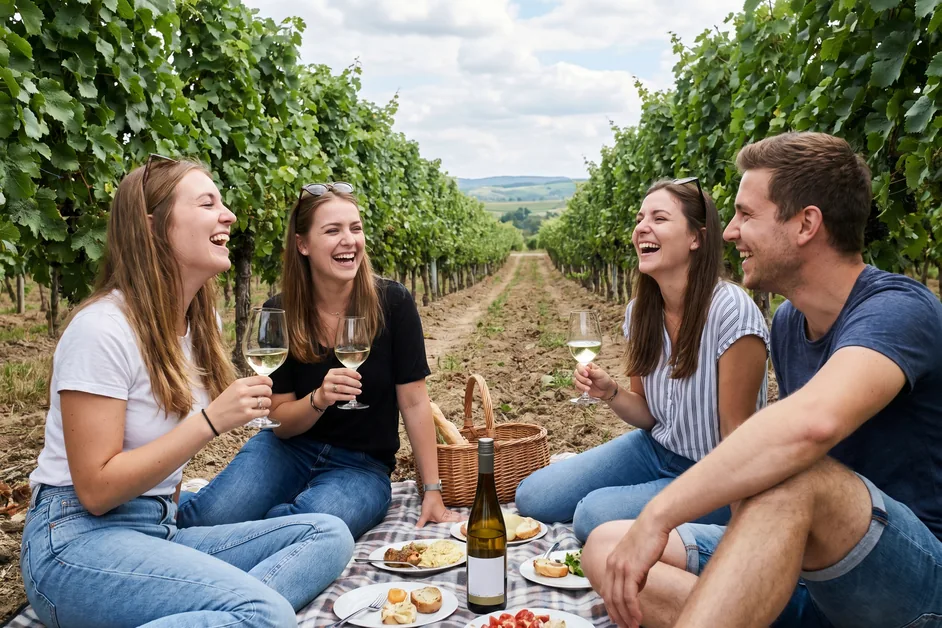 Junge Leute beim Picknick mit Weißwein zwischen den Rebzeilen im Weinberg