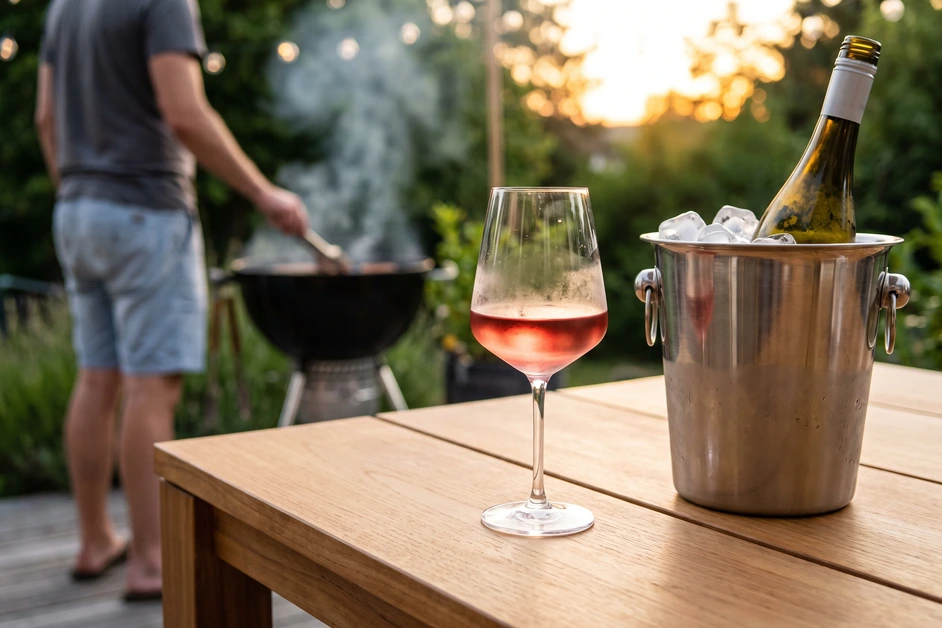 Leicht gekühlter Rotwein zum Grillen im Stielglas neben einer Flasche im Eiskübel auf einem Gartentisch beim Grillabend