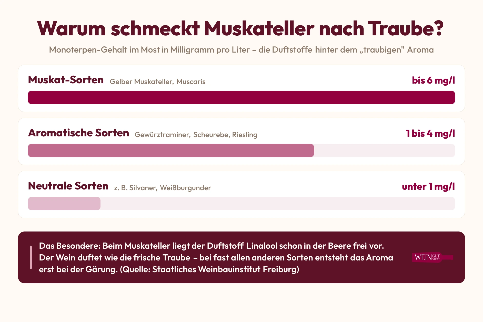 Infografik: Warum Muskateller nach Traube schmeckt – Monoterpen-Gehalte von Muskat-Sorten, aromatischen und neutralen Rebsorten im Vergleich