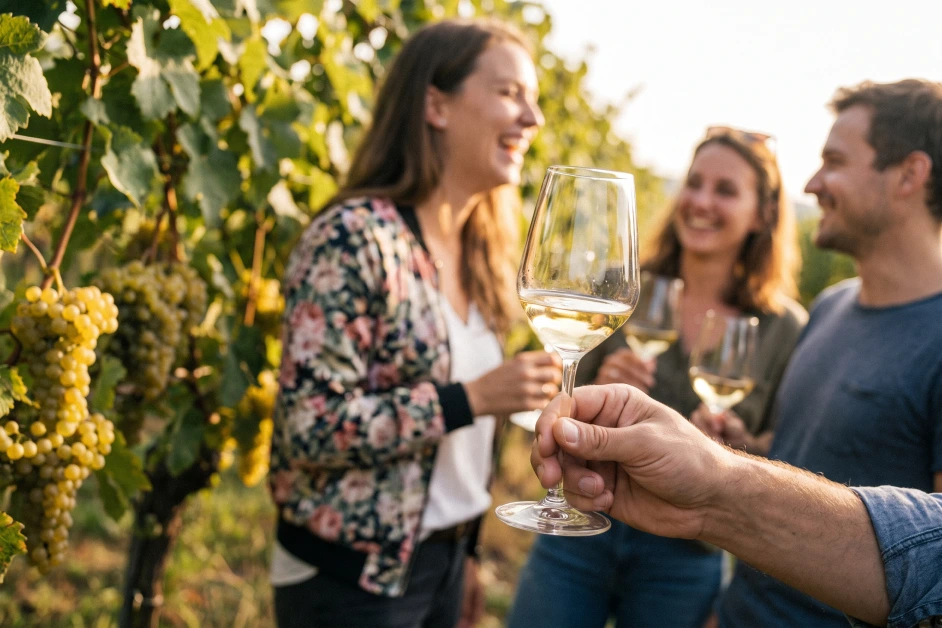 Freunde bei einer Weinprobe im Weinberg, im Vordergrund ein Glas Gelber Muskateller vor gelbgrünen Trauben