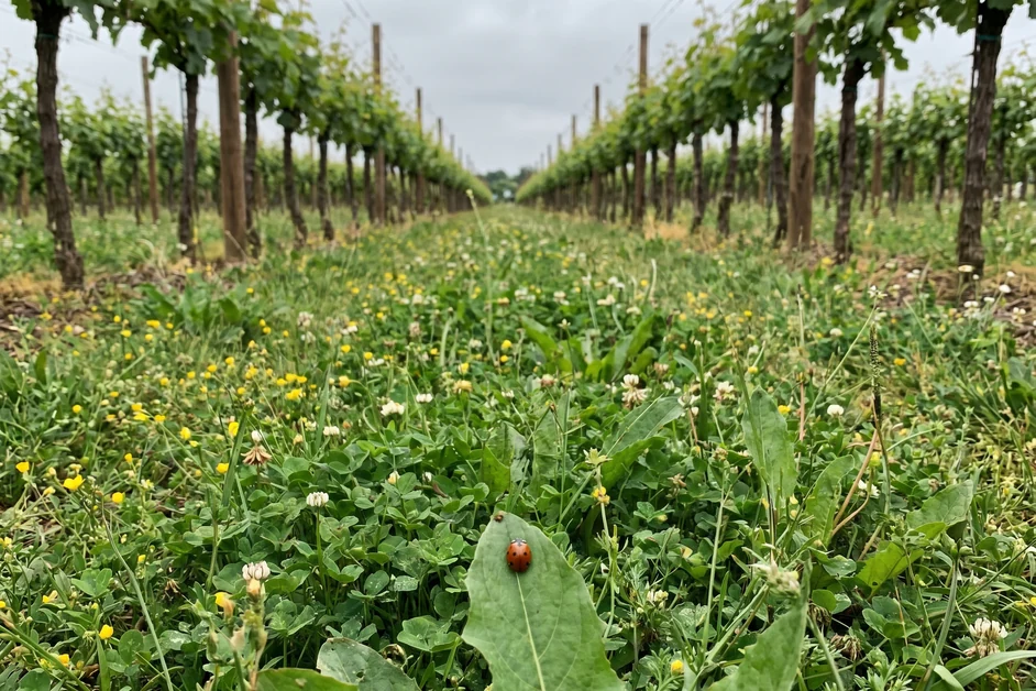 Begrünte Rebgasse mit Wildblumen und Marienkäfer als Zeichen für Biodiversität im Bio-Weinbau