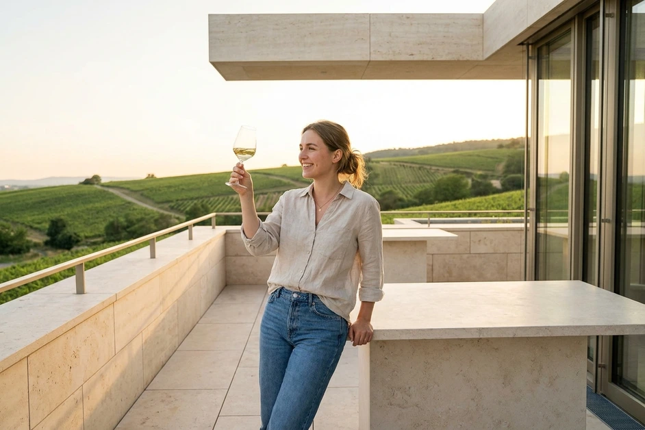 Junge Winzerin prüft ein Glas Weißwein auf einer modernen Terrasse mit Blick über rheinhessische Weinberge