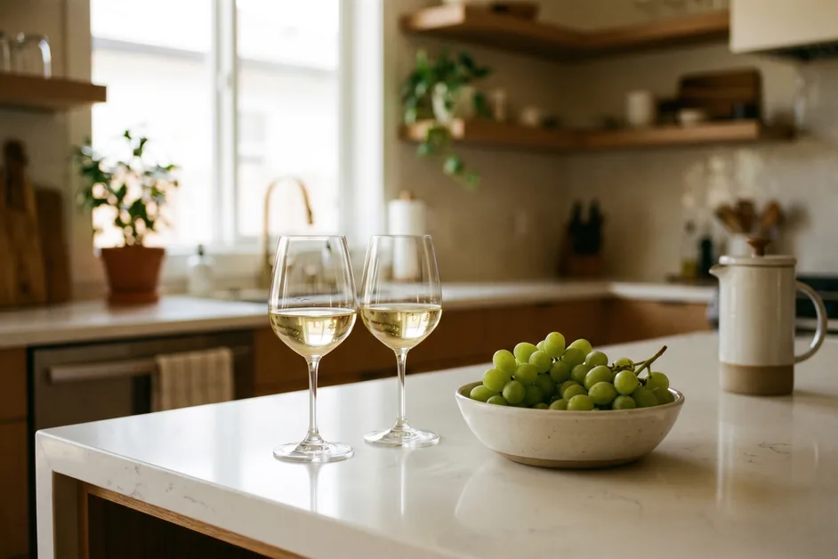 Riesling oder Müller-Thurgau: Zwei Gläser Weißwein neben einer Schale mit grünen Trauben auf einer hellen Küchenarbeitsplatte