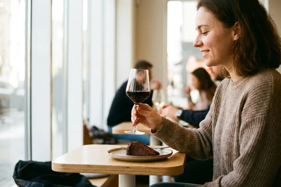 Frau im Profil in einem modernen Café hält ein Glas dunkelroten Wein, davor ein Stück Schokokuchen, Gäste unscharf im Hintergrund
