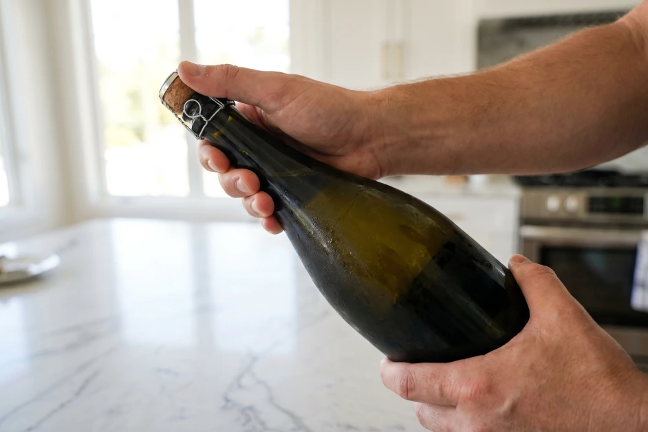 Hände öffnen eine gekühlte Sektflasche im 45-Grad-Winkel, der Daumen sichert den Korken