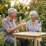 Paar genießt Weißwein im Garten