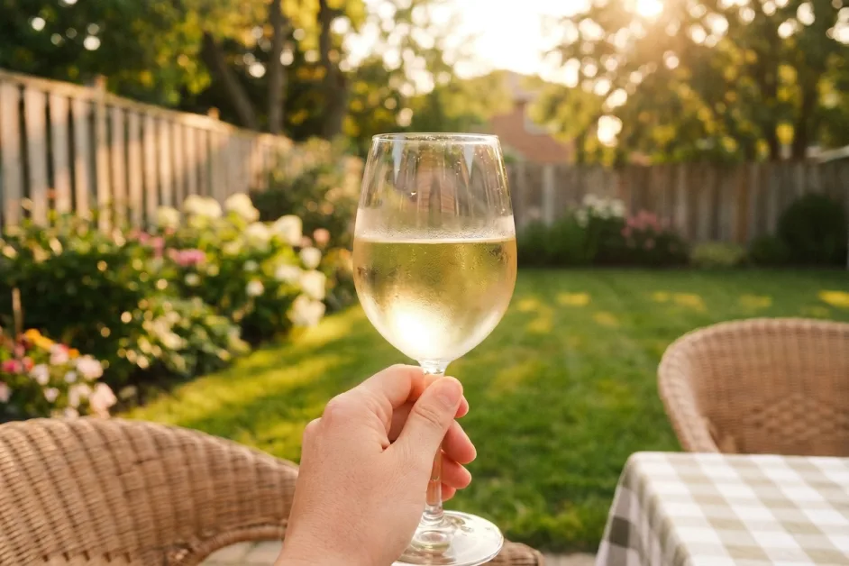 Sommerwein: Hand hält ein Glas gekühlten Weißwein in einem sommerlichen Garten