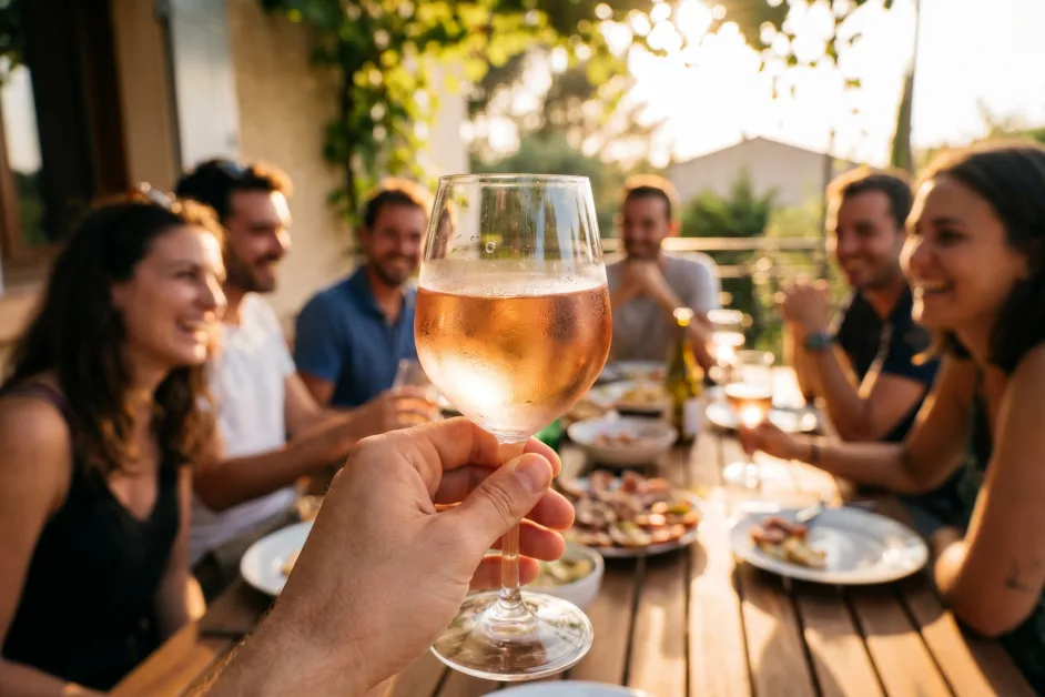 Hand hält ein Glas Rosé, im Hintergrund Freunde an einem sommerlichen Terrassentisch