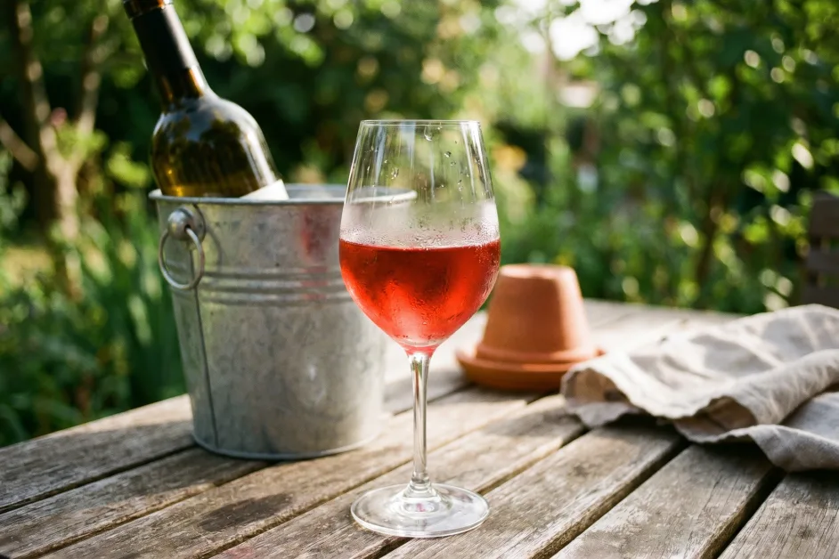 Glas hellroter, gekühlter Rotwein neben einem Weinkühler im sommerlichen Garten