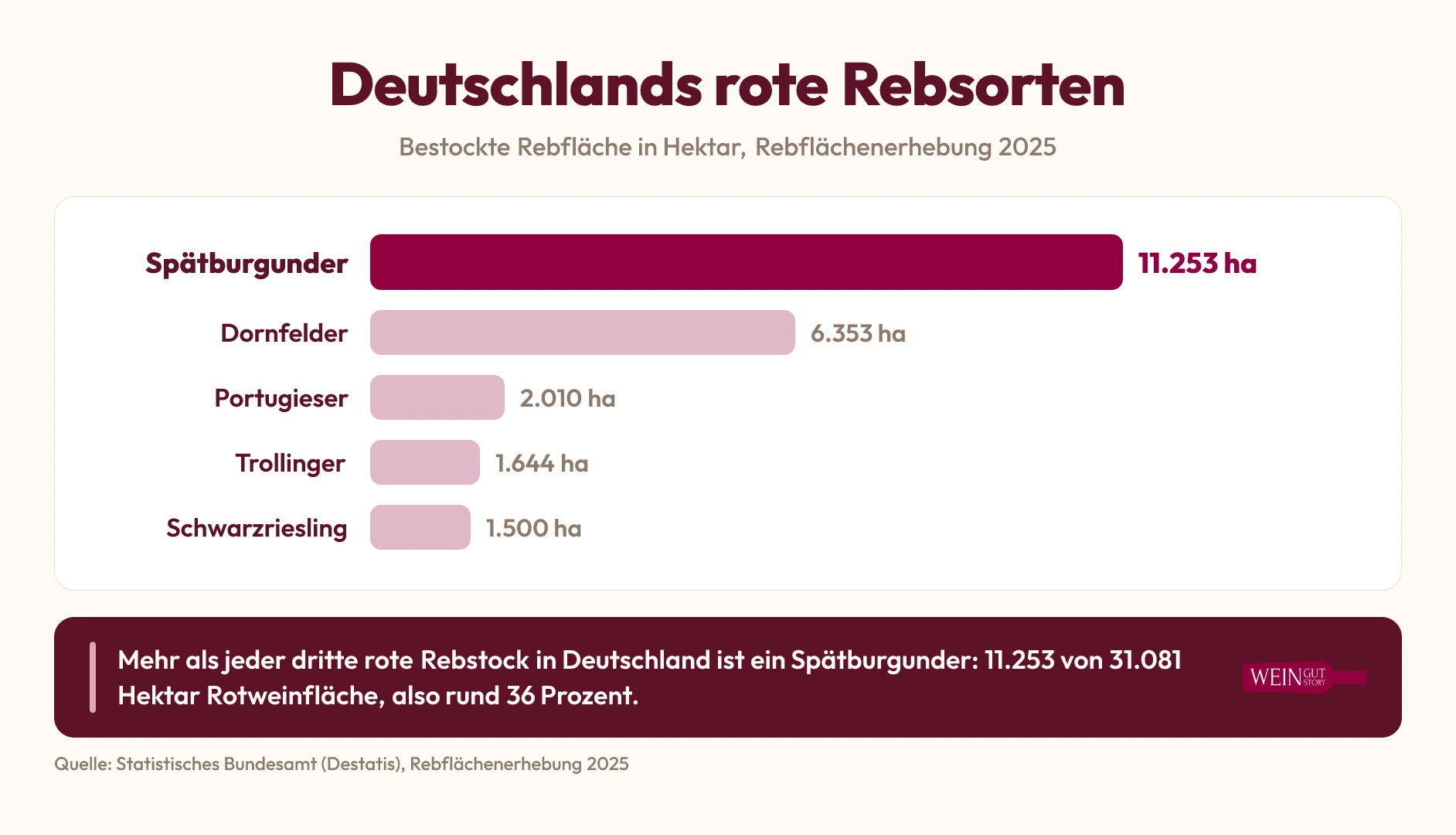 Balkendiagramm der roten Rebsorten in Deutschland 2025: Spätburgunder führt mit 11.253 Hektar vor Dornfelder, Portugieser, Trollinger und Schwarzriesling