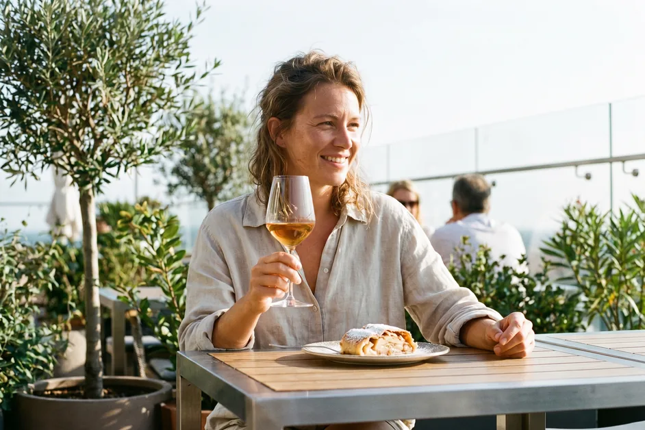Frau auf einer sonnigen modernen Terrasse hält ein Glas goldgelben Süßwein, davor ein Stück Apfelstrudel, Gäste unscharf im Hintergrund