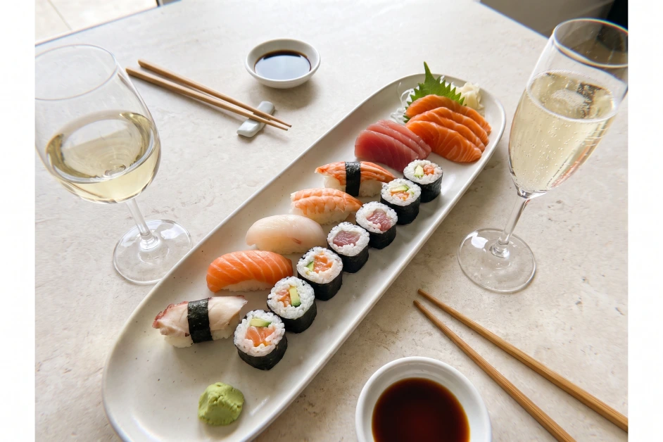 Sushi- und Sashimi-Platte von oben mit einem Glas Weißwein, einem Glas Winzersekt, Essstäbchen, Sojasauce und Wasabi auf hellem Stein