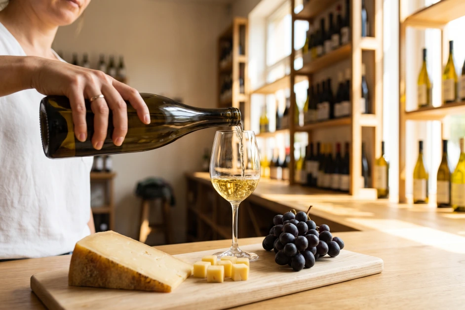 In einer Vinothek wird Weißwein zu einem Brett mit Bergkäse und Trauben eingeschenkt