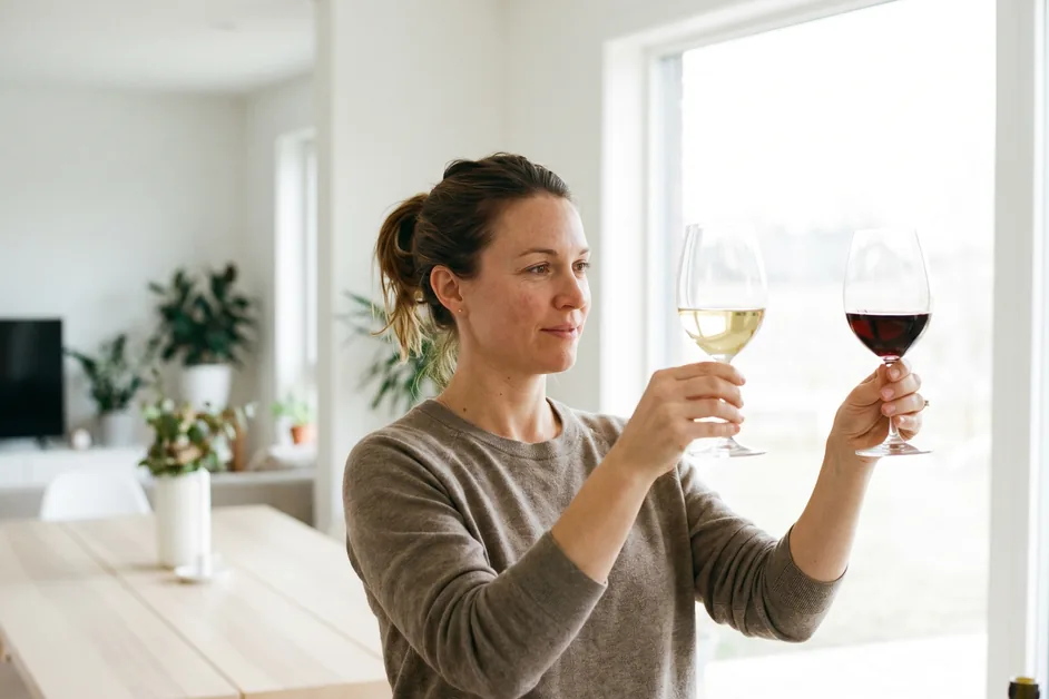 Frau hält ein Glas Weißwein und ein Glas Rotwein gegen das Licht und vergleicht den Farbkontrast