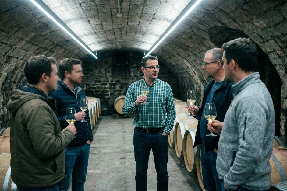 Weingut besuchen: Kellerführung bei einer Weinprobe: Winzer erklärt Gästen mit Weißweingläsern die Weine zwischen Holzfässern
