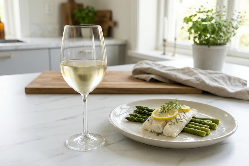 Glas Weißburgunder neben gedämpftem Fisch mit grünem Spargel