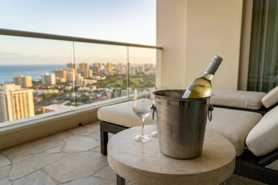 Weißweinflasche im beschlagenen Eiskühler auf einem hellen Beistelltisch einer Hotelterrasse mit Blick über Stadt und Meer